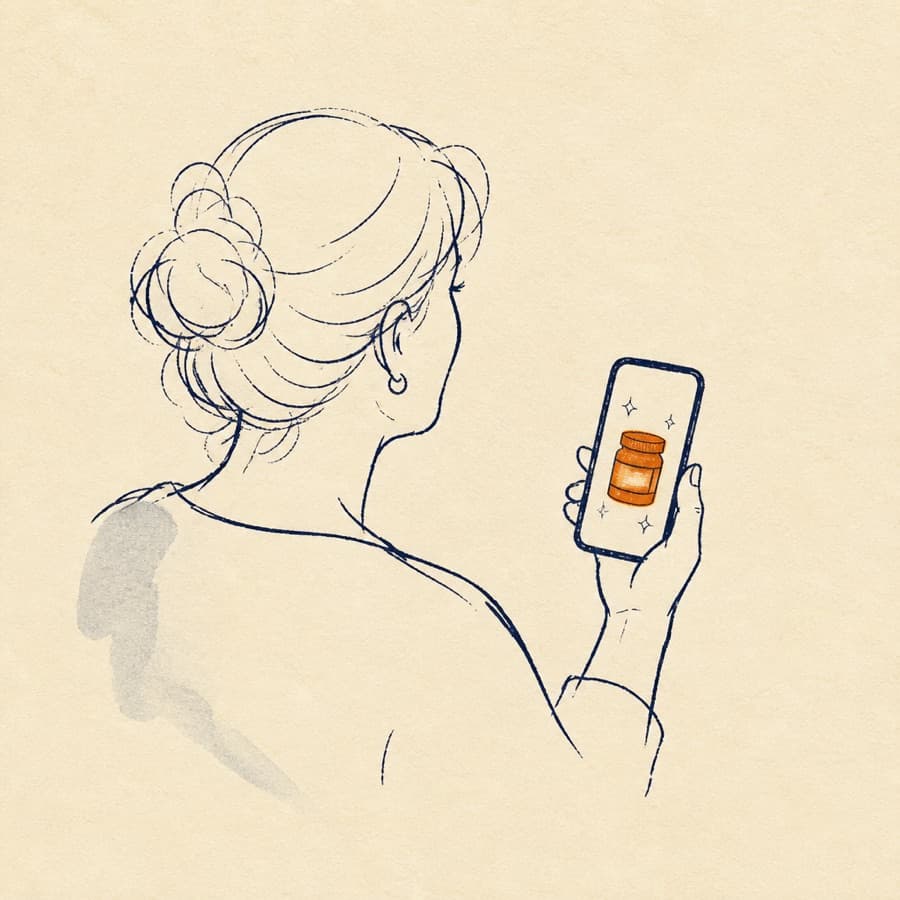 Ink sketch of a woman looking at a glowing supplement advert on her phone