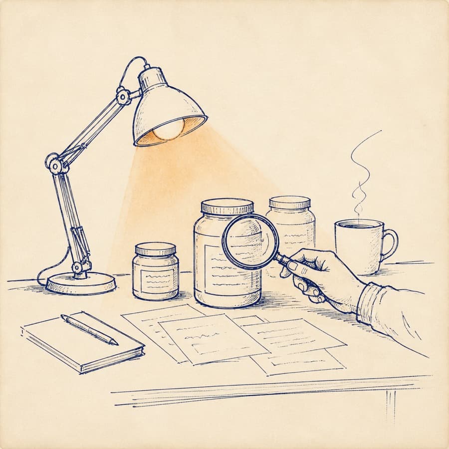 Ink sketch of a desk at night: supplement tubs, papers and a magnifying glass under a lamp